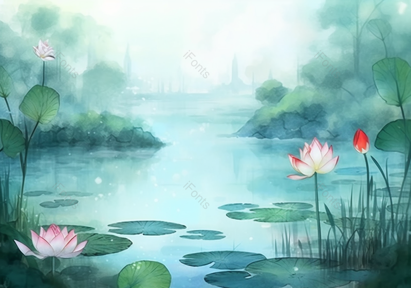 浅绿国风意境插画夏季山水荷花图,插画/手绘图,插画/手绘图库,插画/手绘图下载,插画/手绘